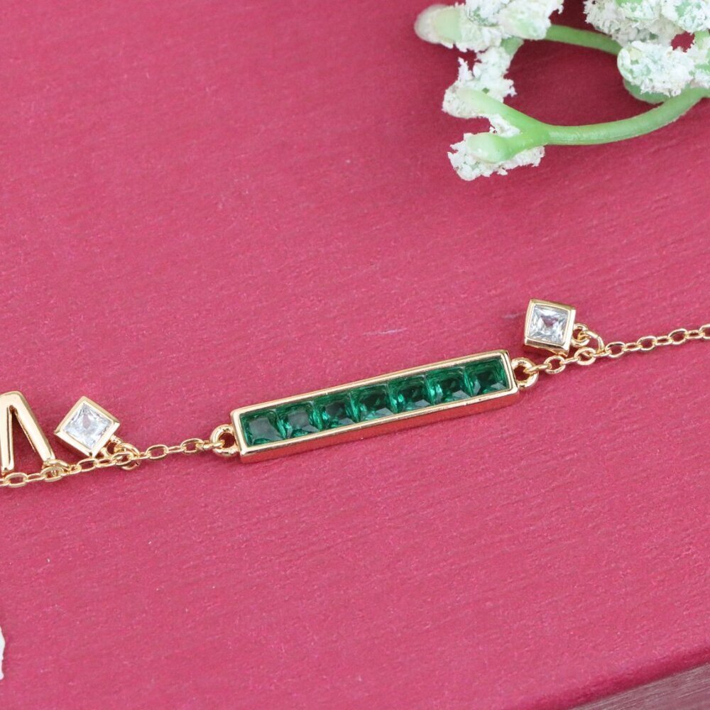 "Emerald Green Bar Charm Rose Gold Bracelet with CZ Accents, XPBL0806